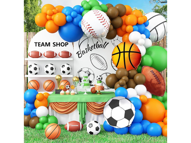 Sports Balloon Arch Garland Kit, 115Pcs Sports Party Baseball Soccer Basketball Football Helium Balloons Blue Green Orange Sport Latex Balloon for...