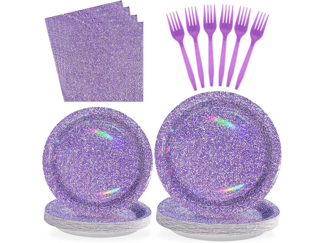 Grencian 96Pcs Purple Party Supplies Holographic Rainbow Purple Plates and Napkins Sets Iridescent purple Birthday Decorations for Girls Women...