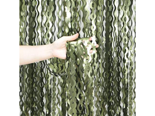 4 Pack Wavy Olive Green Streamers Backdrop Jungle Party Decorations - 3.3x6.6ft Foil Fringe Curtains Photo Booth for Dinosaur Animal St Patrick's...