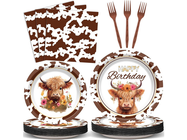 96 Pcs Highland Cow Birthday Party Decoration for 24 Guests Brown Cow Paper Plates Napkins Highland Cattle Dessert Cake Dinnerware Table Supplies...