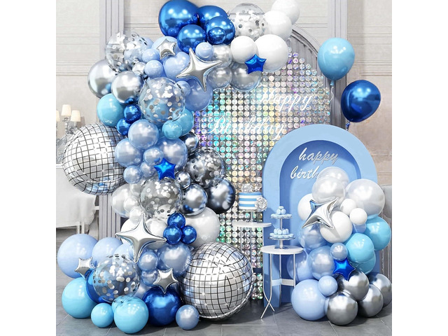 Blue Balloon Arch kit, Blue and White Balloon Garland with 22 Inch Disco Ball Balloons Metallic Silver Star Foil Balloons, Silver Confetti Balloons...