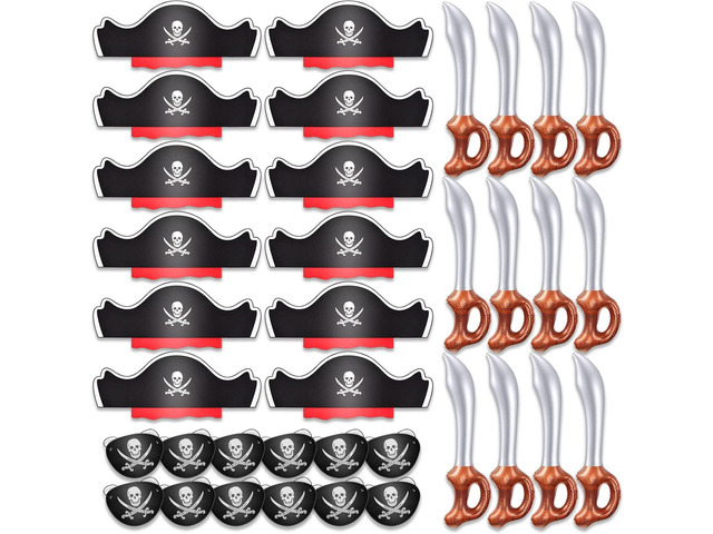 Legigo 36 Pcs Funny Pirate Party Set- Include 12 Pirate Hats, 12 Eye Patches, 12 Inflatable Swords for Pirate Party Cosplay Caribbean Dress...