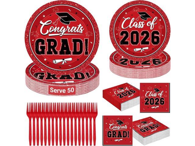 QZYL 200Pcs Graduation Supplies Set 2026, Red Graduation Plates, Napkins, Dessert Plates and Plastic Forks for 50 Guests, Grad Party Disposable.