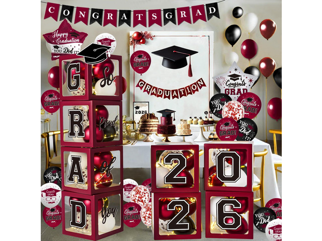 Maroon Themed 2026 Graduation Decorations Set - Balloons Boxes with Letters 2026 GRAD So Proud of You - Complete Party Supplies for High School &...