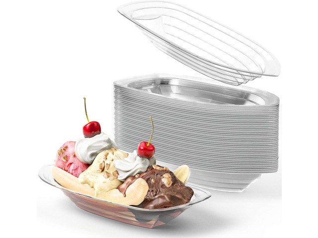 Super Fun Recyclable 8oz Banana Split Boats 50 Pack. Durable, Disposable Ice Cream Sundae Bowls. Perfect Plastic Cups for Social Event or Kids...