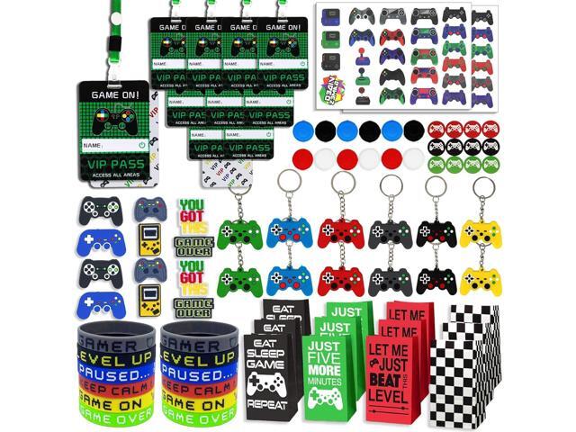 Bluegogo 146 Pcs Video Game Party Favors: VIP Passes Keychains Tattoo Stickers Shoe Charms Button Caps Bags for Gaming Party Favors