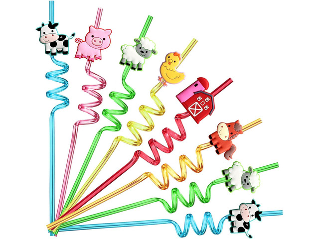 24 Reusable Farm Animal Plastic Straws Chicken Sheep Horse Cow Pig for Barnyard Farm Birthday Party Supplies Gift Favors with 2 Cleaning Brushes