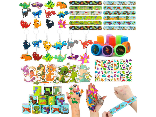 108Pcs Dinosaur Party Favors Dinosaur Stamps Slap Bracelets Keychains Rings Stickers Temporary Tattoos for Kids Birthday Party Supplies, Carnival...