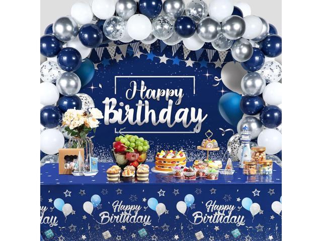 Moukeren Navy Blue Birthday Party Decorations Confetti Balloons Kit Happy Birthday Photography Backdrop Banner Tablecloths for Boys Girls Men Women.