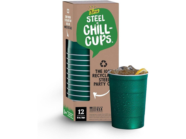 Steel Chill Cups 16 oz. Party Cups, Perfect for Cold Drinks, Sturdy & Durable, Disposable and 100% Recyclable, Made in USA, Green, 12 Count
