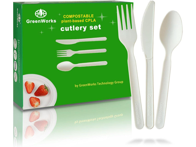 GreenWorks 150 Count 7' Heavy-duty Compostable Utensils,50 Forks 50 Spoons 50 Knives Cutlery Set,BPI Certified Large Disposable Flatware Set