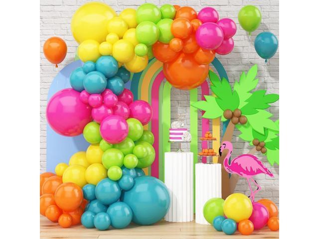 141 Pcs Rainbow Neon Balloon Arch Kit, Hot Pink Lime Green Orange Slate Blue Yellow Latex Hawaii Summer Tropical Balloon Garland for Hawaiian Luau...