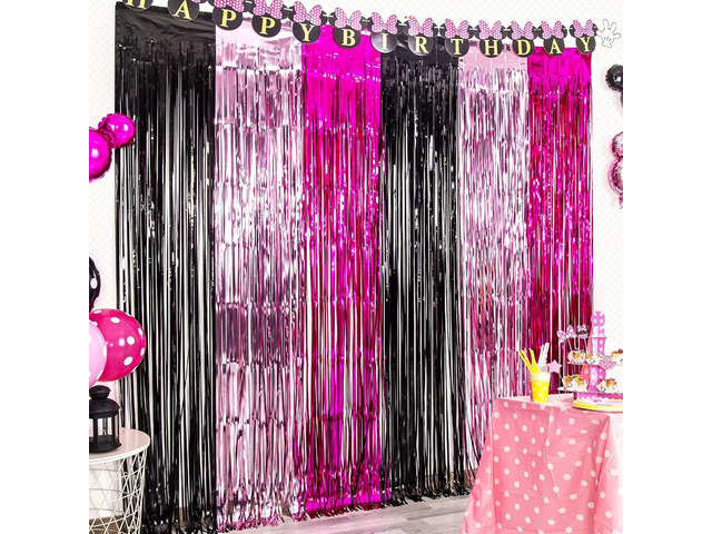 LOLStar 5 Pack Cartoon Mouse Birthday Party Supplies,3.3x6.6 ft Black Pink Fuchsia Tinsel Foil Fringe Curtains,Cartoon Mouse Photo Booth Prop...