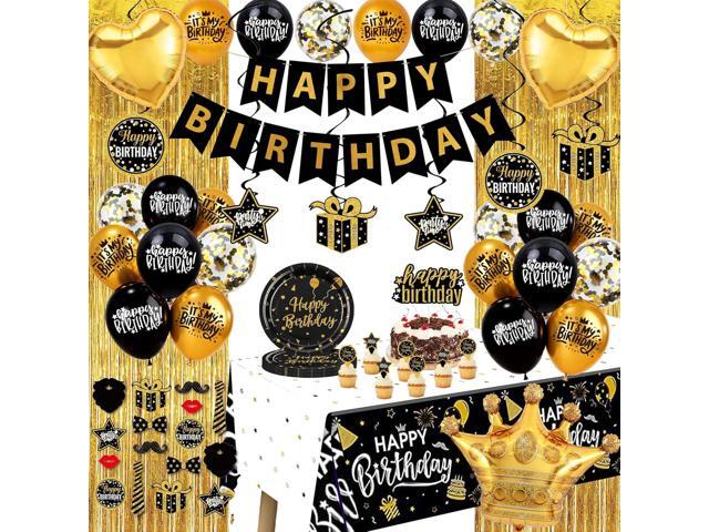 Black and Gold Birthday Decorations - Party Supplies Kit with Tablecloth, Paper Plates, Photo Props, Crown Foil Balloon, Fringe Curtains, Cake...