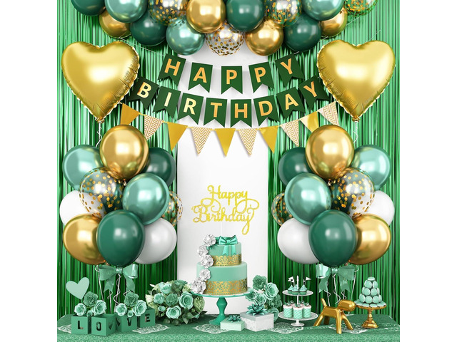 Green Birthday Decorations,Happy Birthday Banner Emerald Green and Gold Balloons Fringe Curtain Heart Foil Balloons for Women Men Party Decor