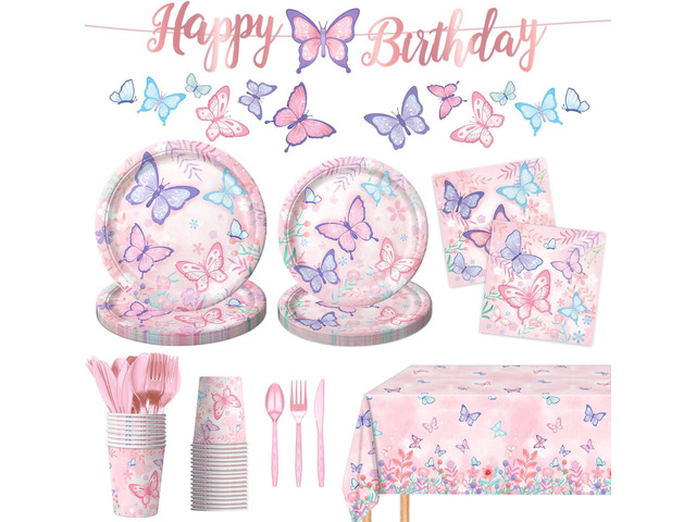 178 PCS Butterfly Birthday Party Supplies Disposable Paper Plates, Napkins, Cups, Cutlery, Tablecloth, Banner, and Hanging Swirl for Butterfly...
