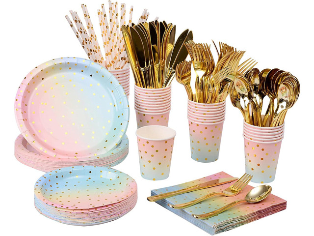 200PCS Rainbow Pastel Party Supplies Set-Disposable Paper Dinnerware Serves 25, Pastel Paper Plates Napkins Cups & Gold Plastic Silverware Sets for...