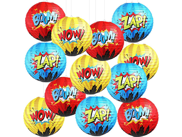 Blulu 6 Pcs Hero Themed Party Decorations Fun Hero Paper Lanterns Hanging Comic Wow Zap Boom Lanterns for Adults Birthday Party Supplies