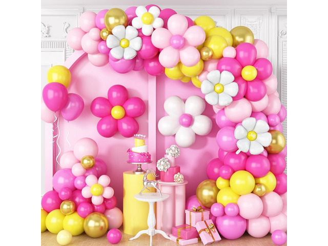 Yellow Pink Balloon Garland, Daisy Balloon Arch with Metallic Gold Party Flower Balloons For Birthday Baby Shower Wedding Groovy Theme Decorations