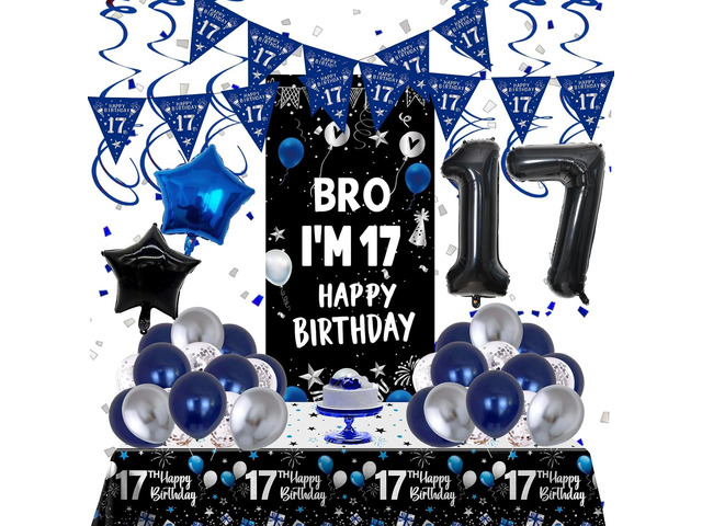 17th Birthday Decorations for Boys Girls, Dark Blue Happy 17th Birthday Decorations Boy, 17 Year Old Boy Bday Party Supplies with Banner Backdrop...