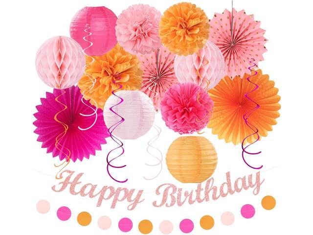 Hot-Pink Orange Fall Birthday Party-Decorations - 21pcs Autumn Women Peach Happy Banner,Girls Groovy Paper Streamers Lanterns Honeycomb,Tissue.