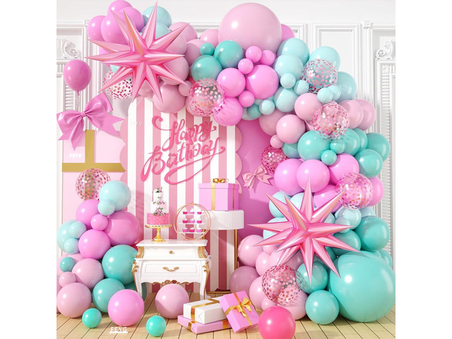 Pink and Teal Blue Balloon Arch Garland Kit, Pastel Pink Teal Blue Turquoise Latex Party Balloons with Star Confetti Balloon for Birthday Wedding...