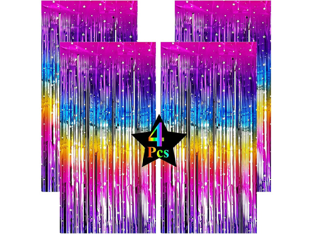 Pack of 4 Sparkly Neon Rainbow Foil Fringe Curtain Backdrop Metallic Streamers Photo Booth Props for Birthday Bachelorette Gay Pride Day Graduation...