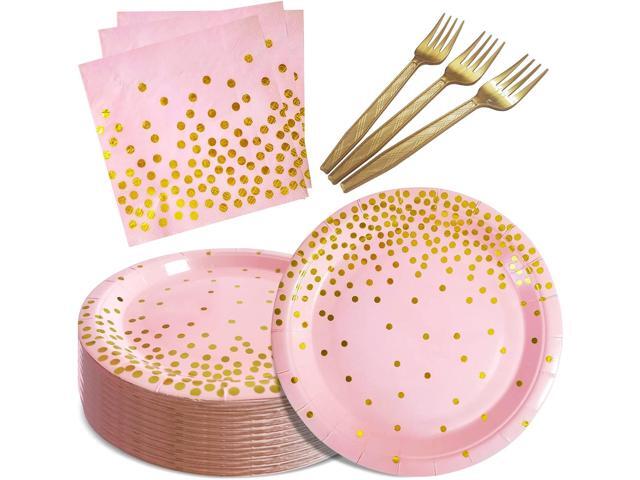 Pink and Gold Party Supplies,Serves 35 Guests Pink Paper Plates and Napkins,Disposable Party Paper Plates for Birthday Wedding