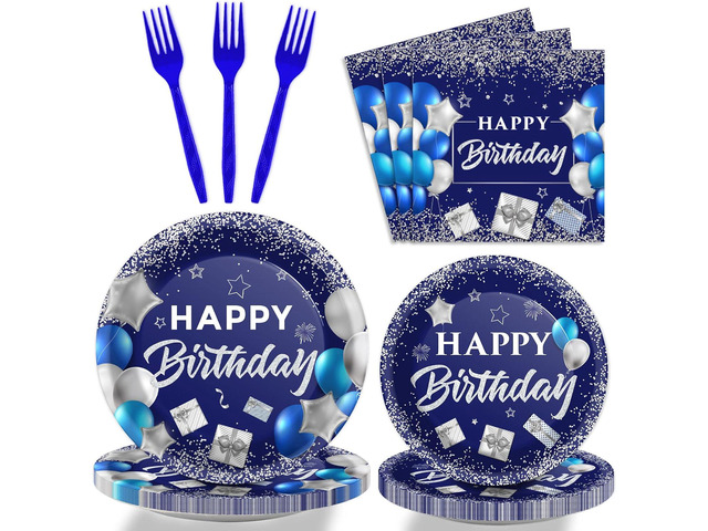 Wiooffen 96 Pcs Blue Happy Birthday Party Tableware Set Navy Blue and Silver Happy Birthday Paper Plates Napkins and Forks for Men Women Disposable...