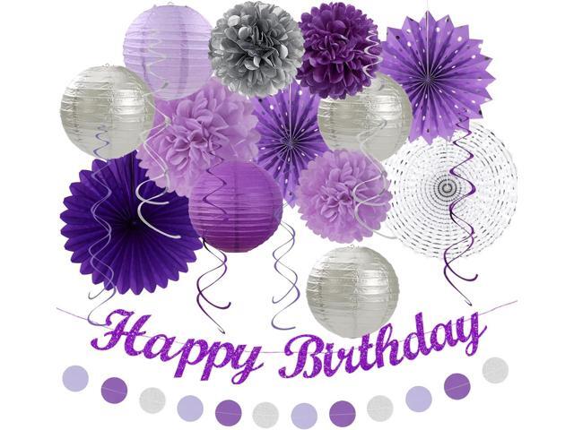 Purple Lilac-Lavender Silver Women Birthday Party-Decorations - 21pc Happy Banner,Paper Lanterns Streamers,Tissue Pom Poms Honeycomb Flower Fan,...