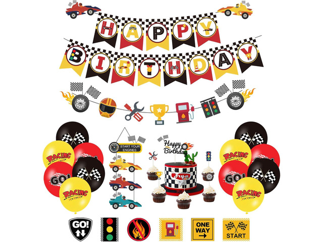 Race Car Birthday Decorations, Let's Go Racing Party Supplies with Birthday Banner, Welcome Hanger, Car Party Signs, Cake Toppers, Balloons for...