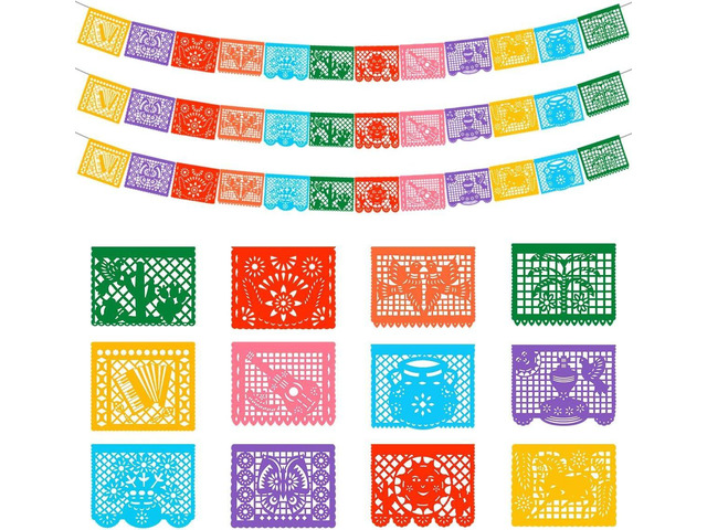 DUNCHATY 3 Pack Mexican Banner - 66 Ft(22ft x 3) Papel Picado Fiesta Decorations Cinco de Mayo Día de Muertos Birthday Party Supplies - 12 Patterns...