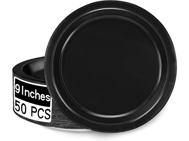 50 Pieces of Paper Plates, Round Black Party Plates Pack, Disposable 9 Inches Paper Dinner Plates, Everyday Use Plates for Daily Meals Picnic...