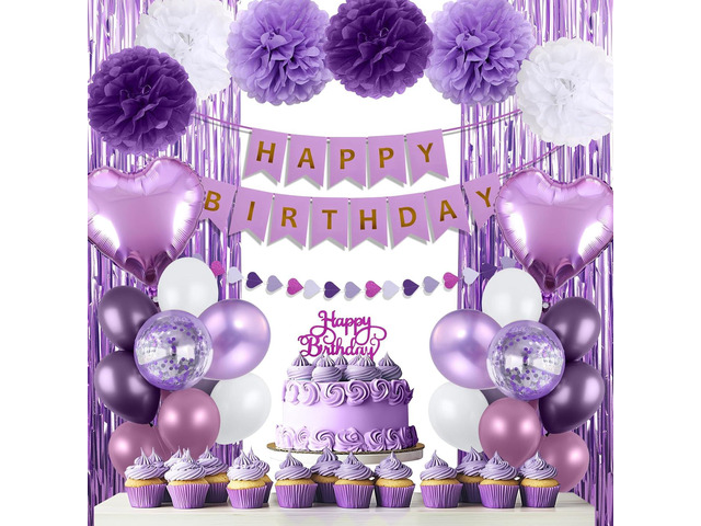 Purple Birthday Decorations for Women, Happy Birthday Party Decorations, Happy Birthday Banner, Purple Balloons, Foil Fringe Curtains, Tissue Paper...