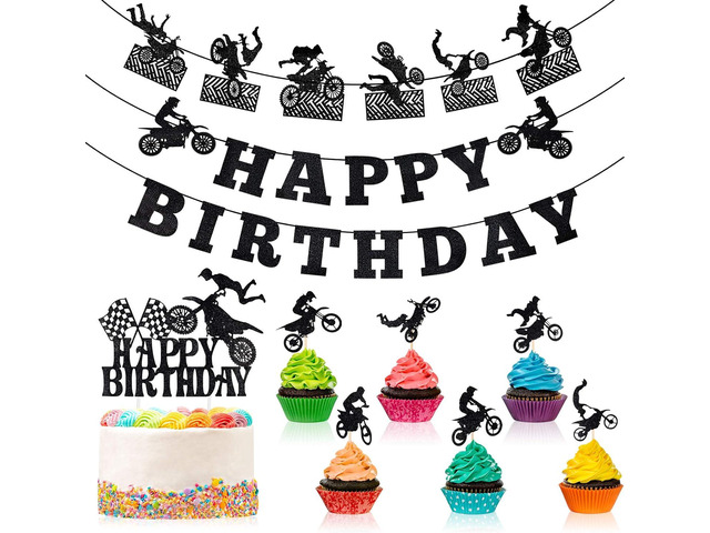 Zonon 20 Pieces Dirt Bike Birthday Decoration Dirt Bike Party Supplies Banner Cake Cupcake Topper for Motocross Themed Birthday Party Man or Boy...