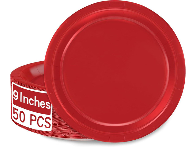 QZYL 50 PCS Paper Plates, Red Heavy Duty Party Plates, Round 9 Inches Disposable Paper Dinner Plates, Everyday Use Plates Set for Daily Meals...