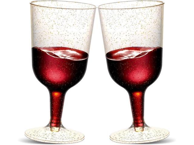 TENYASEN 30 Pack 6oz Plastic Wine Glasses Disposable Gold Glitter Mini Stemware with Removable Base for Weddings, Parties, Champagne, Toasting