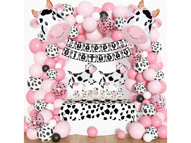 Amandir 115PCS Pink Cow Party Decorations - Balloon Garland Arch Kit with Cow Print Balloons, Happy Birthday Banner, Cake Topper for Girl Baby...