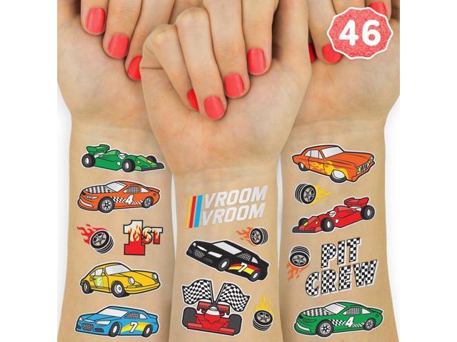 xo, Fetti Race Car Party Supplies Temporary Tattoos - 46 Foil Styles Racecar Birthday, Pit Crew, Checkered Flags, Vroom, Wheels