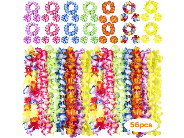 HongyiTime 56 Counts Hawaiian Leis, Luau Party Supplies of Elastic Flowers Necklaces, Headbands and Wristbands - Tropical Hawaiian Decorations,...