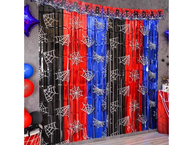Bupelo Spider Web Birthday Decorations, 2 Pack Spider Party Supplies 3.3x6.6ft Tinsel Foil Fringe Curtains, Red Black, and Blue Photo Booth Prop...