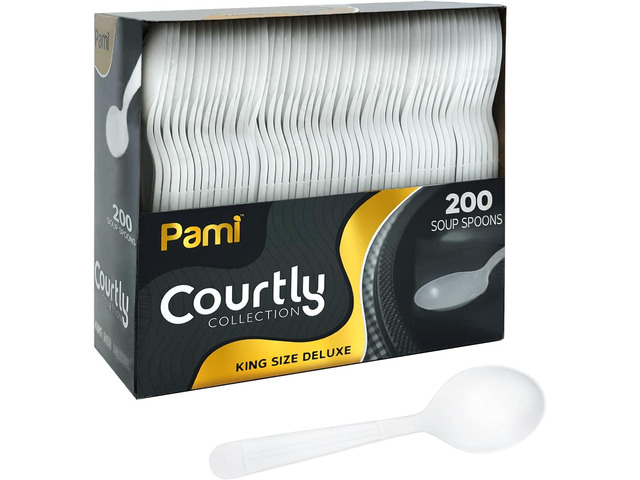 PAMI Heavy Weight Disposable Plastic Soup Spoons [200-Pack] - Bulk King Size Deluxe White Plastic Silverware For Parties, Weddings, Catering Food...