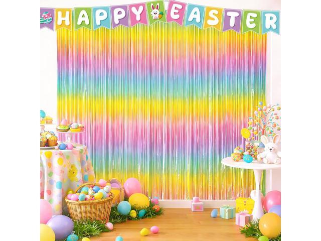 Easter Decorations - Rainbow Tinsel Streamers Backdrop Banner Easter Party Favors Supplies Indoor Outdoor - Spring Birthday Decor Party.