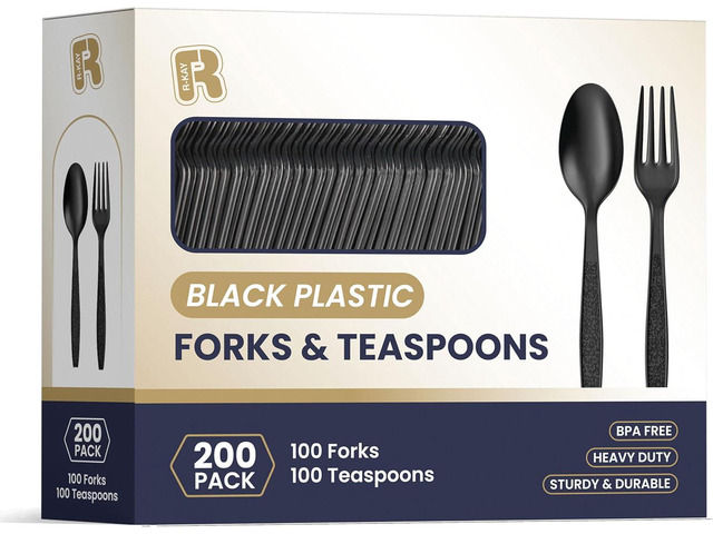 200 Count Black Plastic Silverware Heavy Duty - Black Plastic Forks And Spoons Set - BPA Free Plastic Utensils Set - Heat Resistance Cutlery For...