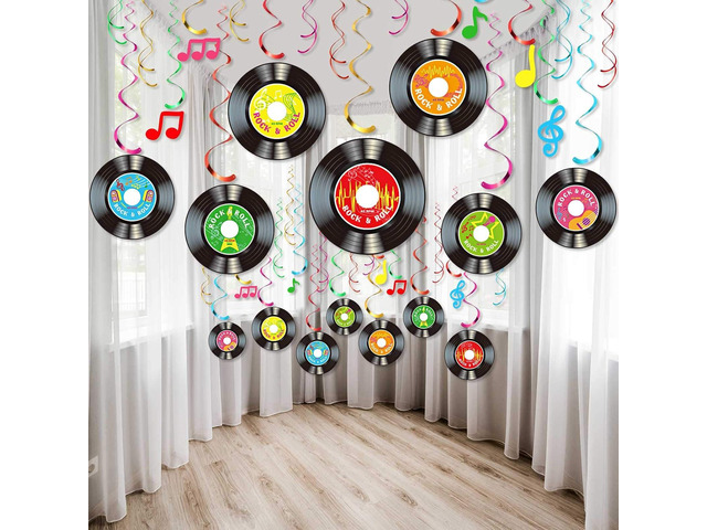 30 Pcs 1950's Rock and Roll Music Party Retro Sock Hop Decorations Vinyl Record Note Cutout Wall Sign with Hanging Swirls Ceiling Decor for 50's...