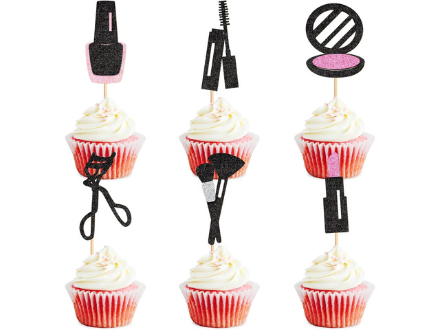 Ercadio 24Pcs Glitter Makeup Cupcake Toppers Mascara Lipstick Cupcake Picks Makeup Brushes Cosmetics Food Picks for Makeup Birthday Cupcake Decors...