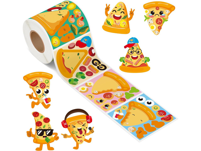 Haooryx Pizza DIY Sticker Rolls - 300pcs Make A Cartoon Pizza Face Stickers Self Adhesive Waterproof Vinyl Water Bottle Page Activity Pad Summer...