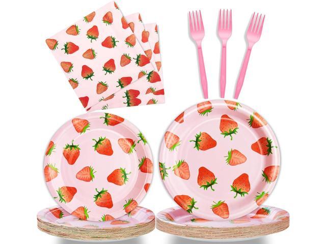96 Pcs Strawberry Birthday Party Plates Napkins Forks Supplies Summer Fruit Tableware Set Disposable Strawberry Theme Decoration for Girls, Serves...