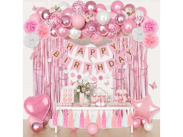 Pink Birthday Party Decorations, Pink and White Pearl Confetti Foil Balloons Happy Birthday Banner Fringe Curtain Butterfly Hanging Swirls Circle...