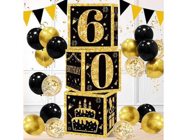60th Birthday Decorations Boxes for Men- 3PCS Black Gold Happy 60th Birthday Balloons Boxes, 60 Year Old Party Supplies for Men Women